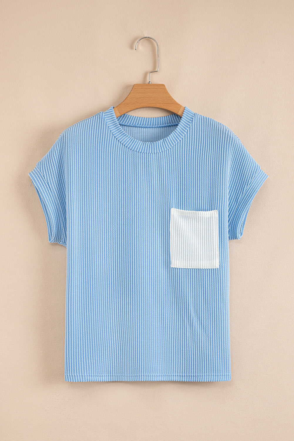 Dark Blue Corded Knit Color Block Pocketed Crew Neck T Shirt